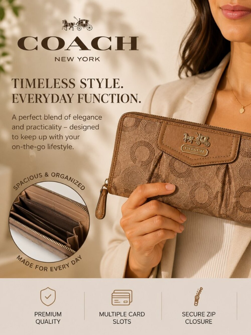 Coach Signature Zip Around Wallet Khaki Tan Jacquard Leather Trim